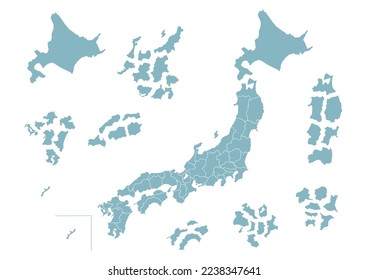 Vector illustration of Japan map. The prefectures that fell apart. Simple design on white background.