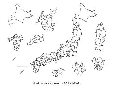 Vector illustration of Japan map. The prefectures that fell apart. Map with a black border on a white background. Simple design.
