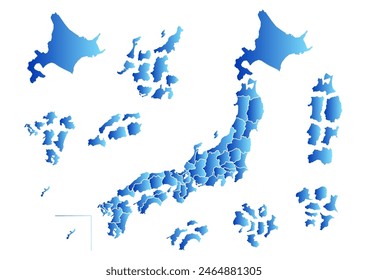 Vector illustration of Japan map. The prefectures that fell apart. Blue gradient map on a white background. Simple design.