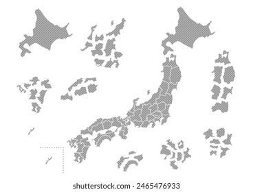 Vector illustration of Japan map. The prefectures that fell apart. Map with gray polka dots on a white background. Simple design.