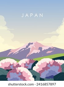 Vector illustration. Japan, mountains, flower garden. Poster design, vertical banner, postcard. Modern design.