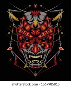 Vector illustration of japan oni demon ninja mask. The traditional japan. kabuki illustration. red devil face illustration. vector head of red demon. japanese demon mask