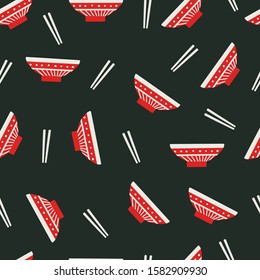 Vector Illustration Japan Ramen Bowls and Chopsticks Black and Red Background Pattern