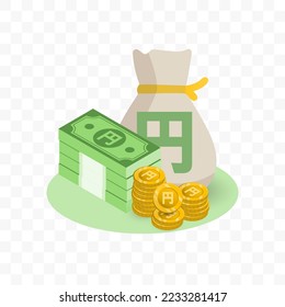 Vector illustration of Japan Yen currency. Random pattern of banknotes and coins in green and gold colors on transparent background (PNG). 