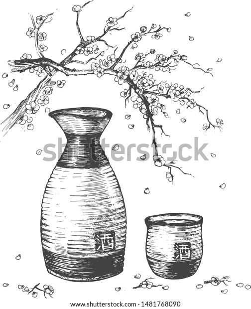 Vector\
illustration of Japanese alcohol drink. Sake bottle and cup. Sakura\
blossom flower brunch. Vintage hand drawn\
style.