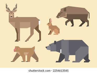 Vector illustration of Japanese animals including deer, wild boar, hare, Japanese macaque, and black bear.