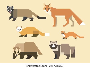 Vector illustration of Japanese animals including fox, raccoon dog, palm civet, badger, marten, and weasel.