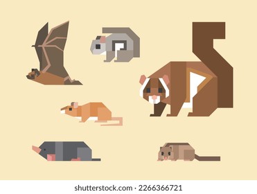 Vector illustration of Japanese animals including mouse, mole, bat, giant flying squirrel, flying squirrel, dormouse.