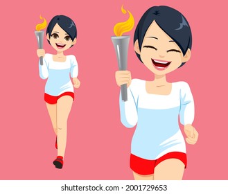 Imagen vectorial de un atleta japonés portando una antorcha que corre feliz