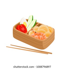 Vector illustration of japanese bento box isolated on white. Traditional asian food with noodles, shrimp, cucumber, egg, carrot used for magazine, kitchen textile, menu cover, web pages.