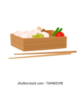 Vector illustration of japanese bento box isolated on white. Traditional asian food with rice, chicken, tomato, cucumber, wasabi used for magazine, kitchen textile, menu cover, web pages.