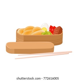Vector illustration of japanese bento box isolated on white. Traditional asian food with noodles, steak, wasabi, tomato, egg used for magazine, kitchen textile, menu cover, web pages.
