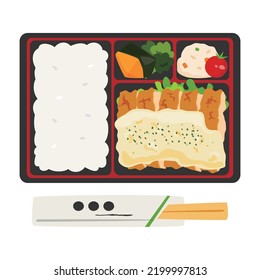 Vector Illustration Of A Japanese Bento Lunch Box With Fried Chicken With Tartar Sauce, Boiled Vegetables And Potato Salad.