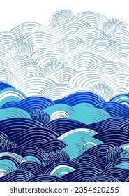 Vector illustration of Japanese blue wave pattern in hand drawn style