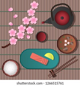 Vector illustration of Japanese Breakfast. Fish, rice, tea, miso soup and Sakura branch.