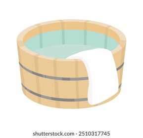 Vector illustration of a Japanese bucket with hot water and a towel.