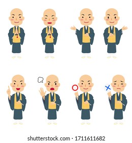 Vector illustration of japanese buddhist monk with 8 different pauses #01. Buddha. Spiritual. Buddhism.