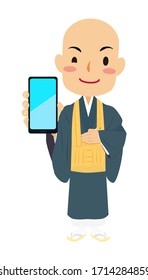 Vector illustration of Japanese buddhist monk showing a smartphone screen. Buddha. Spiritual. Buddhism.