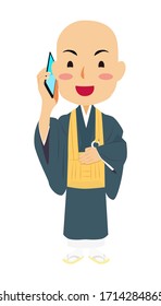Vector illustration of Japanese buddhist monk talking on smartphone. Buddha. Spiritual. Buddhism.