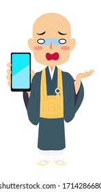 Vector illustration of Japanese buddhist monk showing a smartphone screen. Buddha. Spiritual. Buddhism.