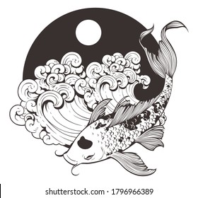 Ilustración vectorial del koi de carpa japonesa, ola de agua y luna aislada en fondo blanco. Estilo de tatuaje blanco y negro, Este diseño para publicación, decoración, patrón y más.