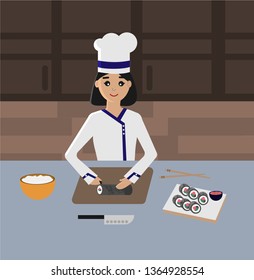 Vector illustration - Japanese cook who cooks sushi and rolls. For websites, booklets, flyers