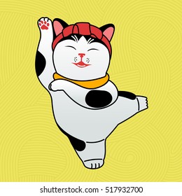 Vector illustration Japanese dancing cat happiness. Traditional Japanese symbol Maneki neko Lucky cat. Advertisements, signs, stickers, web banners, signage. Isolated on a white background.