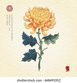 菊の花と葉の枝を持つベクターイラスト シームレスな背景に刺しゅう 銘秋菊の庭 のベクター画像素材 ロイヤリティフリー