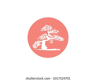 Vector illustration of the Japanese flag with a silhouette of a bonsai tree in pink circle center. Modern symbol of Japan.