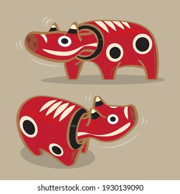 Vector illustration of Japanese folk toy - head wiggling red cow (Akabeko). People believe the toy could ward off smallpox and other illnesses.