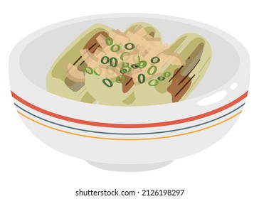 Vector illustration of Japanese food: grilled eggplant with scallions and dried bonito flakes.