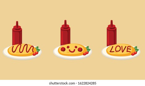 Vector Illustration Of Japanese Food Omurice,Japanese Rice And Omelette With Tomato Sauce.Food Cartoon. Sauce Bottle.