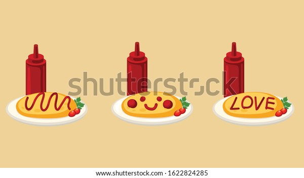 Vector\
Illustration of Japanese food omurice,Japanese Rice and Omelette\
with tomato sauce.Food cartoon. Sauce\
bottle.
