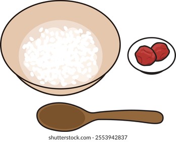 Vector illustration of Japanese food, porridge and pickled plums