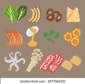 Ilustración vectorial del menú del menú del menú de comida japonesa para el restaurante.Conjunto vectorial de Shabu.Sukiyaki para imprimir en el libro de menús.Comida china al estilo de la olla caliente.