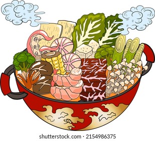 Vector illustration of Japanese food  set menu for restaurant.Shabu vector set.Sukiyaki for printing on menu book.Chinese food for hot pot style.