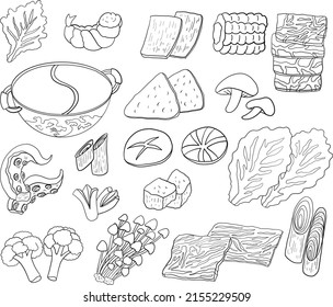 Vector illustration of Japanese food  set menu for restaurant.Shabu vector set.Sukiyaki for printing on menu book.Chinese food for hot pot style.