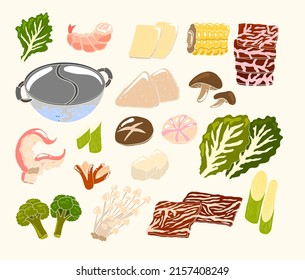 Vector illustration of Japanese food  set menu for restaurant.Shabu vector set.Sukiyaki for printing on menu book.Chinese food for hot pot style.