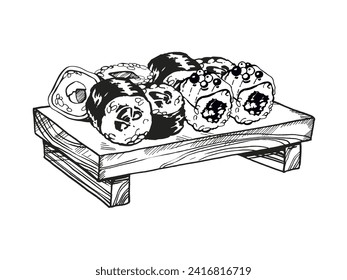 vector illustration of Japanese food theme with rolls, sushi, sashimi on wooden board, hand drawn inked monochrome sketch of seafood isolated on white background