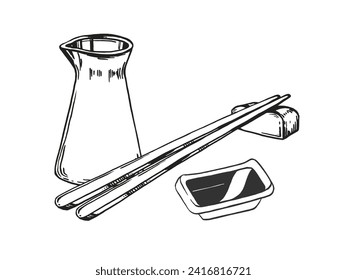 vector illustration of Japanese food theme with soy sauce in the bottle and dish, chopsticks on a stand, hand drawn inked monochrome sketch of seafood isolated on white background