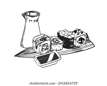 vector illustration of Japanese food theme with rolls, sushi, sashimi, soy sauce and bamboo leaves, hand drawn inked monochrome sketch of seafood isolated on white background