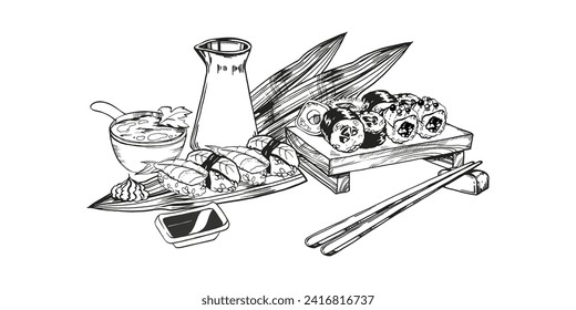 vector illustration of Japanese food theme with rolls, sushi, sashimi, soy sauce, chopsticks, soup and bamboo leaves, hand drawn inked monochrome sketch of seafood isolated on white background