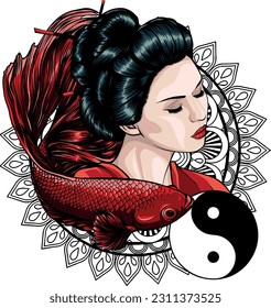 vector illustration of Japanese geisha with betta fish