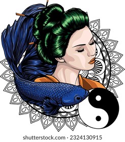 vector illustration of Japanese geisha with betta fish