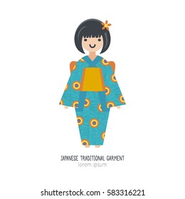 Vector illustration of Japanese Girl in Kimono.  All objects are conveniently grouped and easily editable