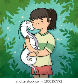 Vector illustration Japanese girl with little dragon in the forest