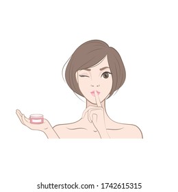 Vector illustration. Japanese Girl puts a finger to her lips. Skin care. Cream