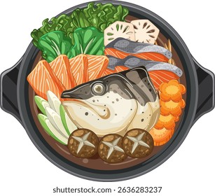Vector illustration of a Japanese hot pot filled with vibrant vegetables, salmon, and mushrooms in a detailed, colorful style