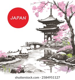 Vector illustration of Japanese image, Japanese landscape scenery and cherry blossoms