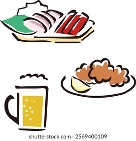 Vector illustration of Japanese izakaya menu, beer, fried chicken, and sashimi platter